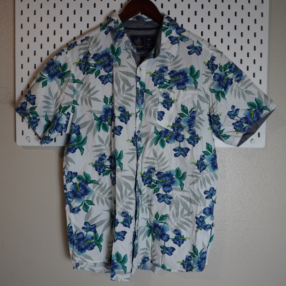 Rugby University Floral Print Button Down Short Sleeve Shirt Mens Large‎